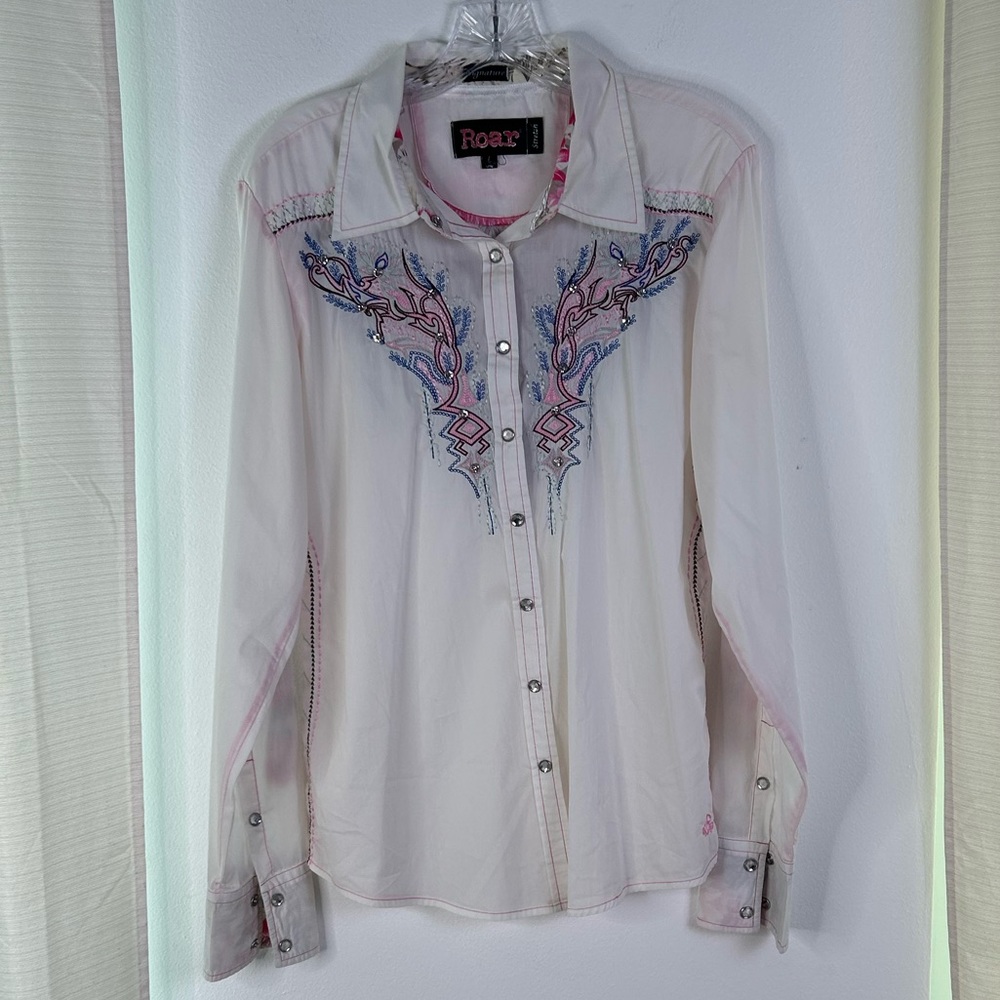 Roar White Pink Bling Western Embellished Button Up Shirt Y2K Cowgirl Glam Large
